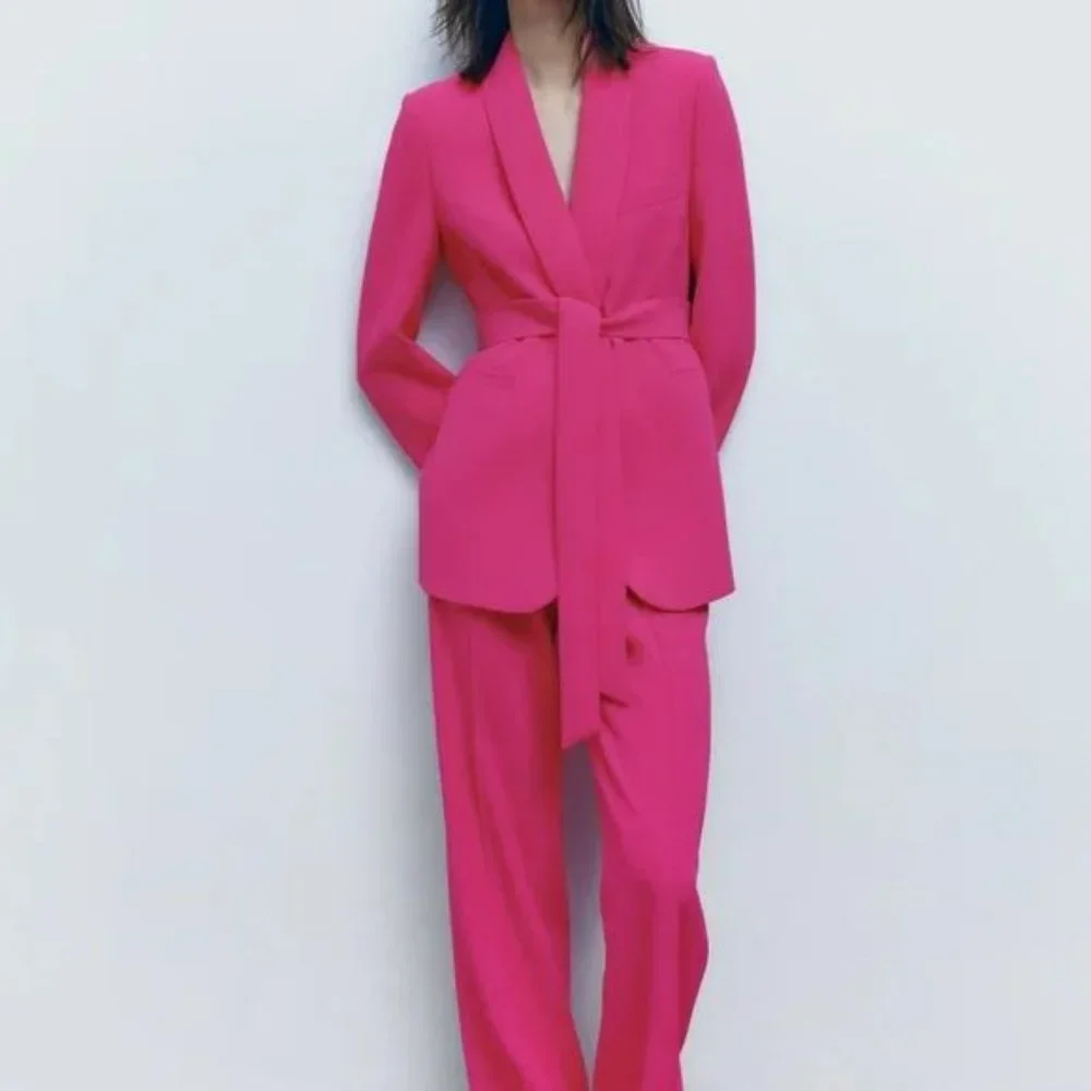 ZARA BELTED TUXEDO COLLAR BLAZER NEON FUSCHIA - Picture 6 of 13